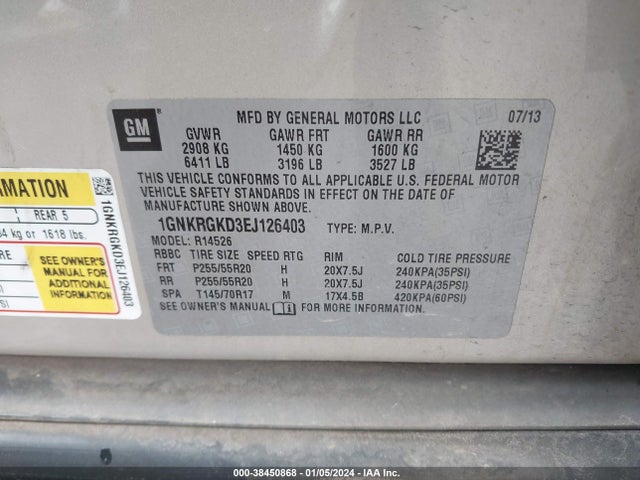 Chevrolet Traverse 1lt 2014 1GNKRGKD3EJ126403 Image 9