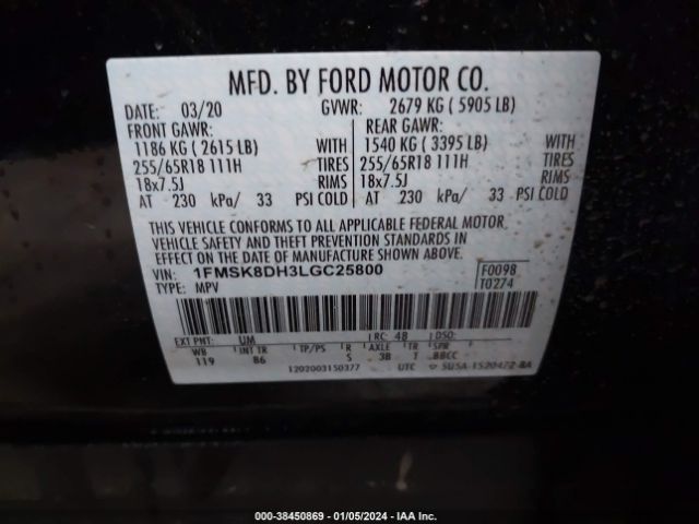 1FMSK8DH3LGC25800 Ford EXPLORER XLT