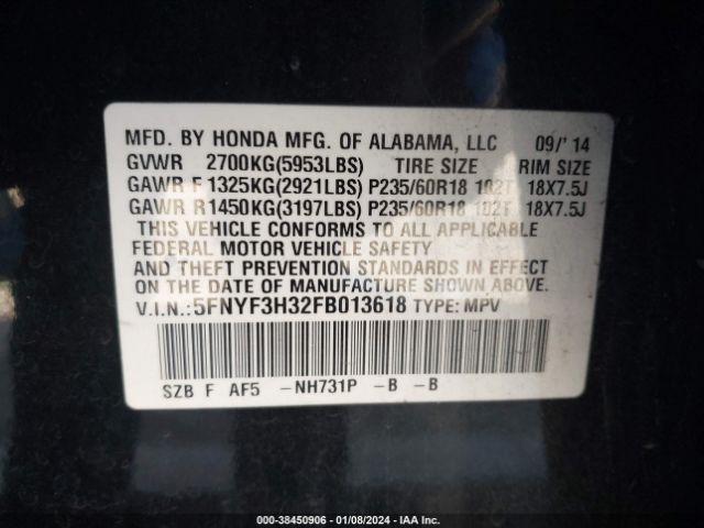 5FNYF3H32FB013618 Honda PILOT SE