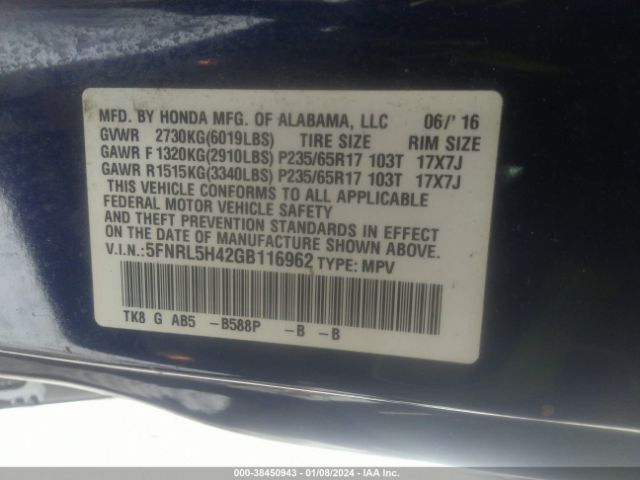 5FNRL5H42GB116962 Honda ODYSSEY EX