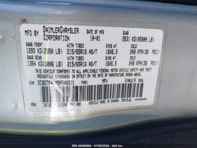 2002 CHRYSLER TOWN & COUNTRY LIMITED VIN: 2C8GT64LX2R540931