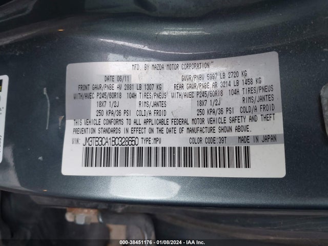 2011 MAZDA CX-9 TOURING VIN: JM3TB3CA1B0328650