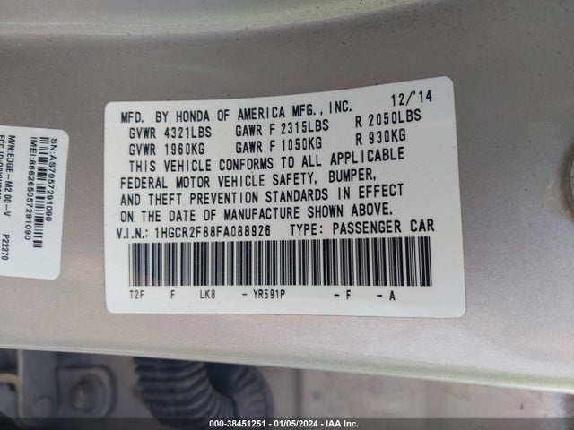 Honda Accord Ex-l 2015 1HGCR2F88FA088926 Image 9