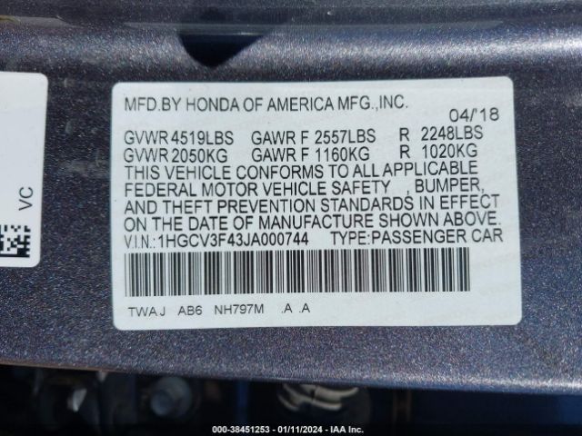 1HGCV3F43JA000744 Honda Accord Hybrid Ex