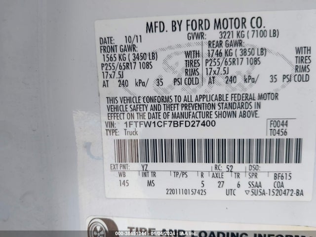 2011 FORD F-150 XLT VIN: 1FTFW1CF7BFD27400