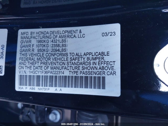 2023 HONDA ACCORD EX VIN: 1HGCY1F36PA022314
