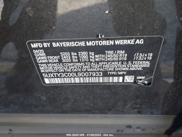 5UXTY3C00L9D07933 BMW X3 Sdrive30i