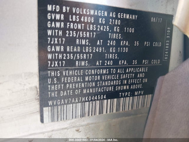 WVGAV7AX7HK044504 Volkswagen Tiguan 2.0t/2.0t S