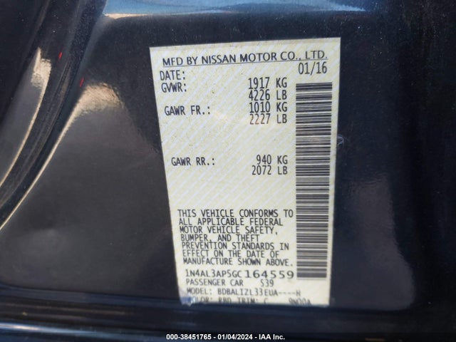 2016 NISSAN ALTIMA 2.5 SV VIN: 1N4AL3AP5GC164559