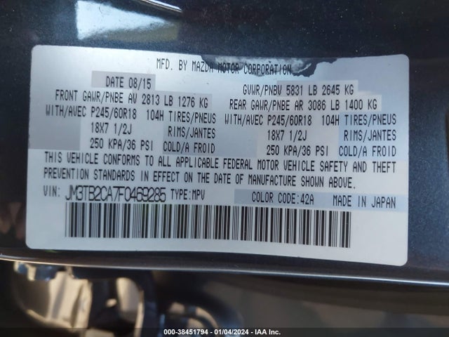 2015 MAZDA CX-9 TOURING VIN: JM3TB2CA7F0469285