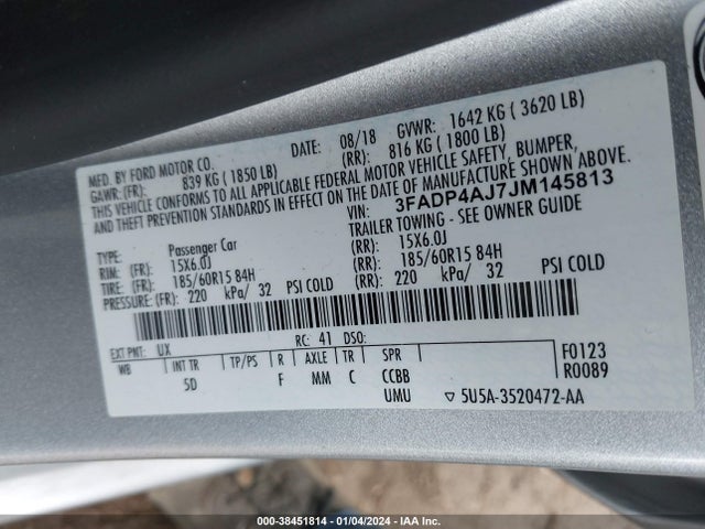 2018 FORD FIESTA S VIN: 3FADP4AJ7JM145813