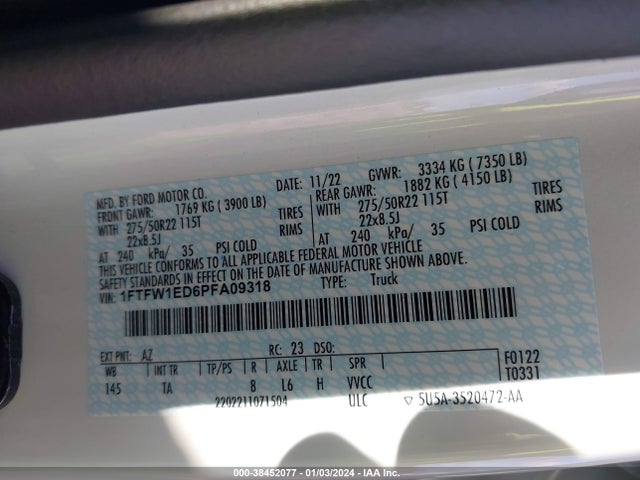 Ford F-150 Limited 2023 1FTFW1ED6PFA09318 Image 9