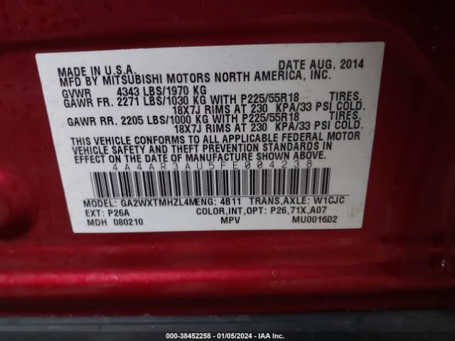 4A4AR3AU5FE004238 Mitsubishi Outlander Sport Es