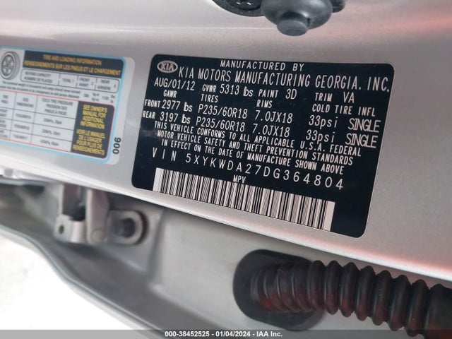2013 KIA SORENTO SX V6 VIN: 5XYKWDA27DG364804