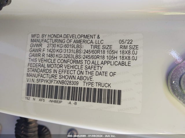 Honda Ridgeline Rtl-e 2022 5FPYK3F7XNB028309 Image 9