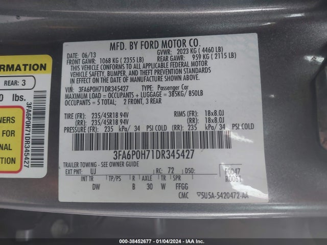 2013 Ford Fusion Se მანქანა იყიდება აუქციონზე, vin: 3FA6P0H71DR345427, აუქციონის ნომერი: 38452677