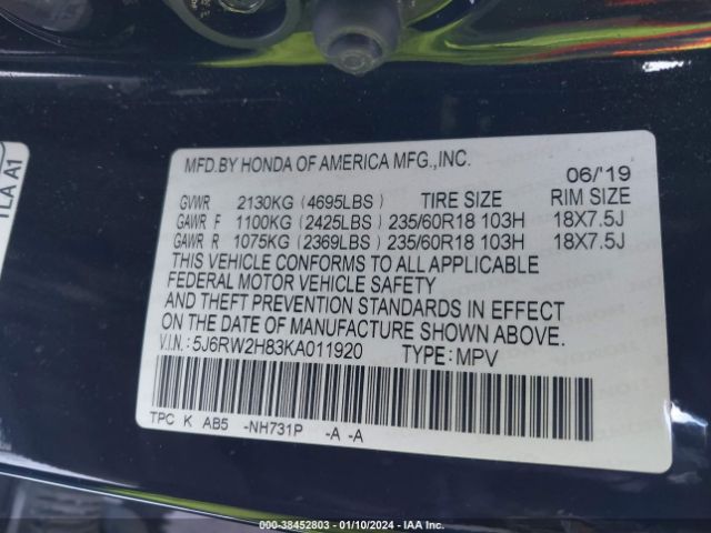 5J6RW2H83KA011920 Honda Cr-v Ex-l