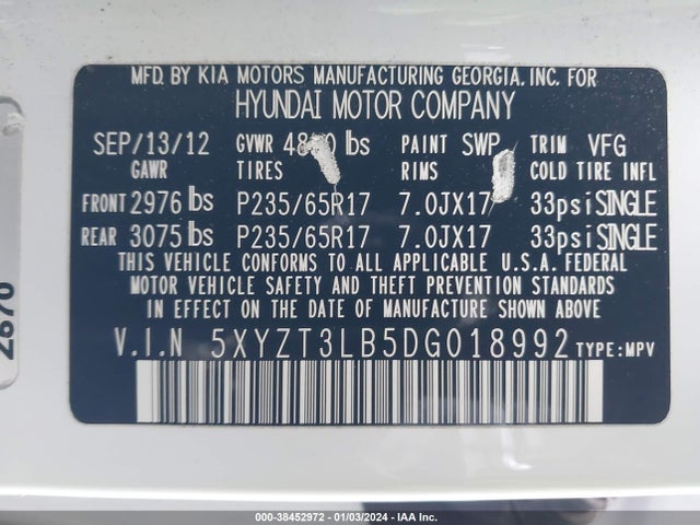 2013 HYUNDAI SANTA FE SPORT VIN: 5XYZT3LB5DG018992