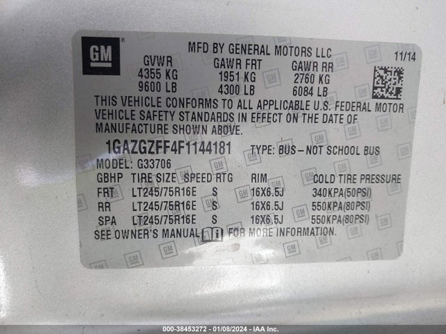 Chevrolet Express 3500 Ls 2015 1GAZGZFF4F1144181 Image 9