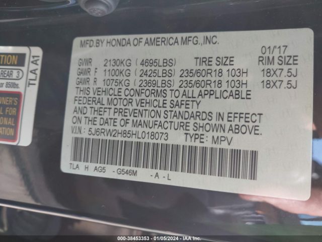 5J6RW2H85HL018073 Honda Cr-v Ex-l/ex-l Navi