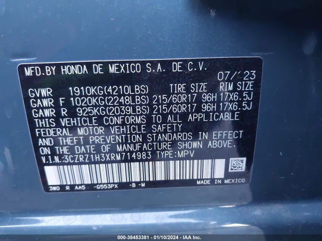 2024 HONDA HR-V 2WD LX VIN: 3CZRZ1H3XRM714983