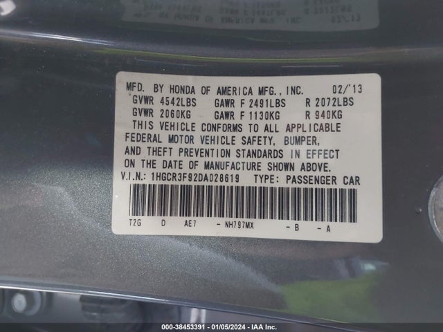 Продаж на аукціоні авто 2013 Honda Accord Touring, vin: 1HGCR3F92DA028619, номер лоту: 38453391