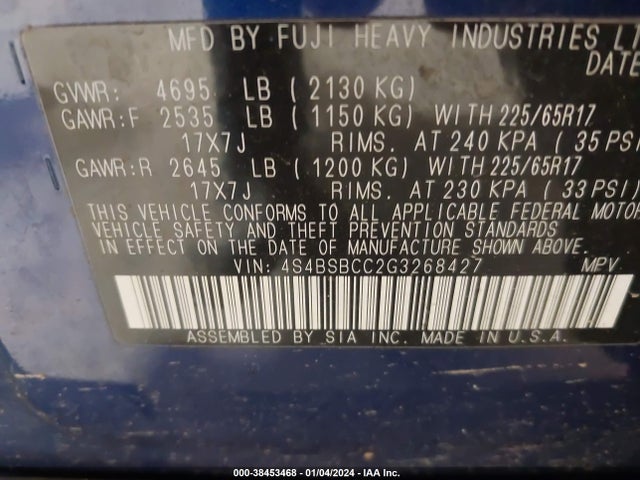 2016 SUBARU OUTBACK 2.5I PREMIUM VIN: 4S4BSBCC2G3268427