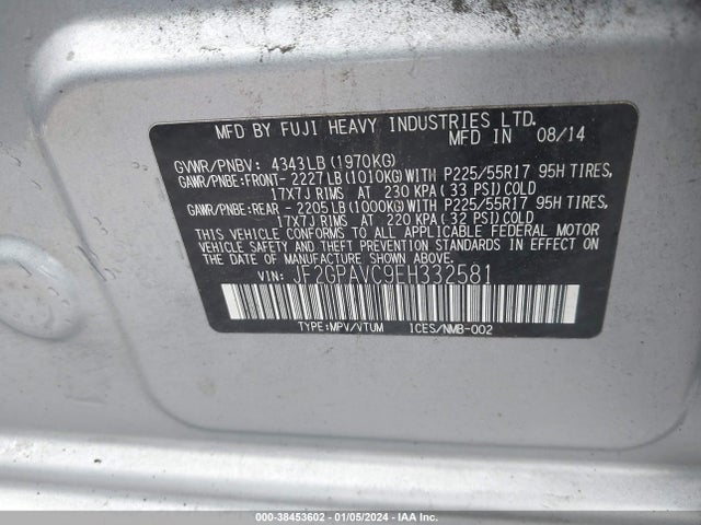 2014 SUBARU XV CROSSTREK 2.0I PREMIUM VIN: JF2GPAVC9EH332581