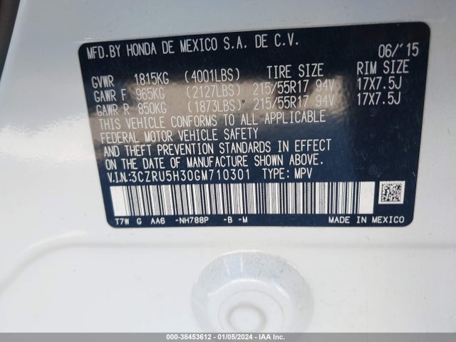 Honda HR-V LX 2016 3CZRU5H30GM710301 Image 9
