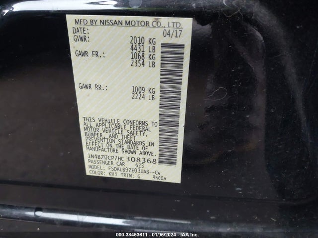 2017 NISSAN LEAF S VIN: 1N4BZ0CP7HC308368