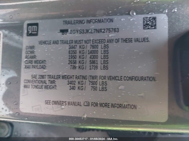 1GYS3JKL7NR275763 Cadillac Escalade Esv 2wd Luxury