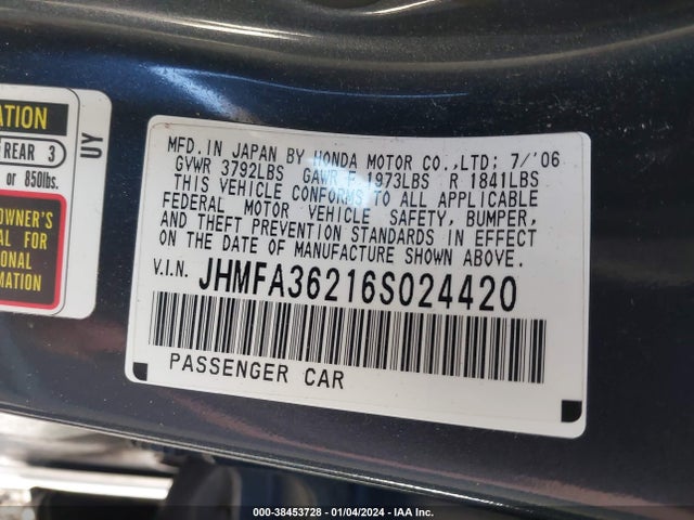 2006 HONDA CIVIC HYBRID VIN: JHMFA36216S024420