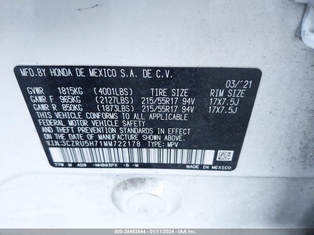 2021 HONDA HR-V 2WD EX-L VIN: 3CZRU5H71MM722178