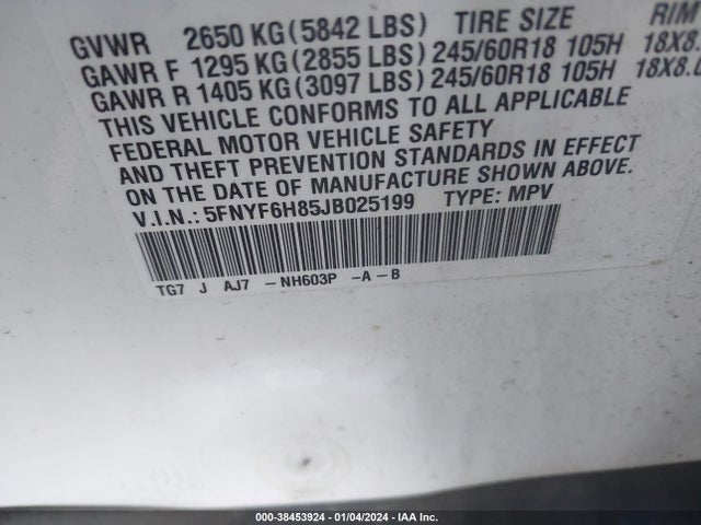 Honda Pilot Ex-l 2018 5FNYF6H85JB025199 Image 9