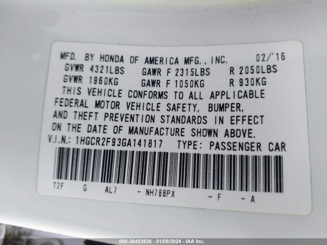 Honda Accord Ex-l 2016 1HGCR2F93GA141817 Image 9