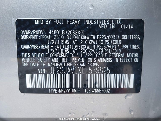 2014 SUBARU FORESTER 2.5I TOURING VIN: JF2SJAMCXEH559825