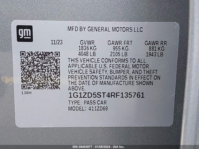 2024 CHEVROLET MALIBU FWD 1LT VIN: 1G1ZD5ST4RF135761