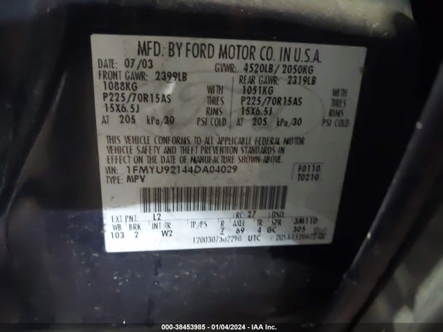 2004 FORD ESCAPE XLS VIN: 1FMYU92144DA04029