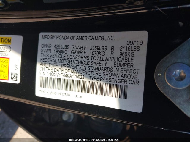Honda ACCORD EX 2019 1HGCV1F44KA175025 Image 9