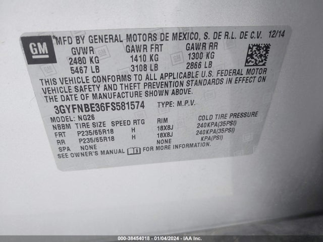 2015 CADILLAC SRX LUXURY COLLECTION VIN: 3GYFNBE36FS581574