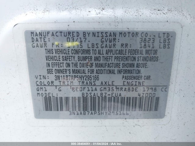 2017 NISSAN SENTRA S VIN: 3N1AB7AP5HY295166