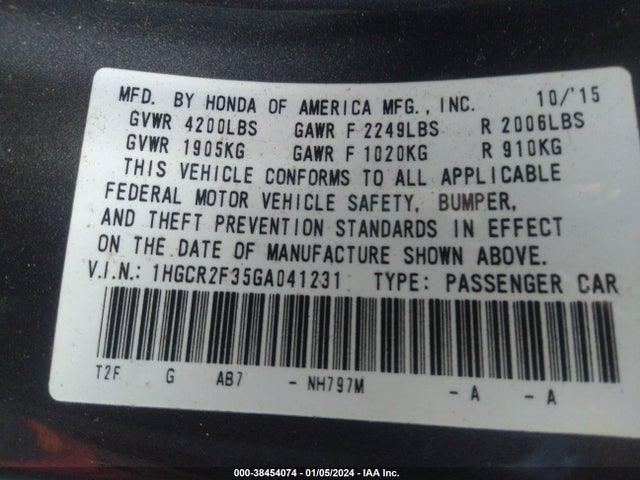 Honda ACCORD LX 2016 1HGCR2F35GA041231 Image 9
