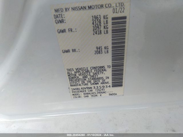 1N4BL4DV9NN335934 Nissan Altima Sv Fwd