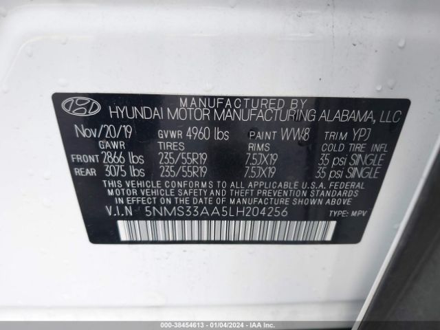5NMS33AA5LH204256 Hyundai Santa Fe Sel 2.0t