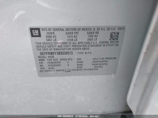 2011 CADILLAC SRX PERFORMANCE COLLECTION VIN: 3GYFNBEY3BS638013