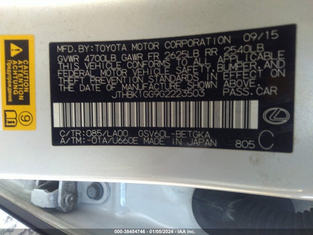 JTHBK1GG9G2223503 Lexus ES 350