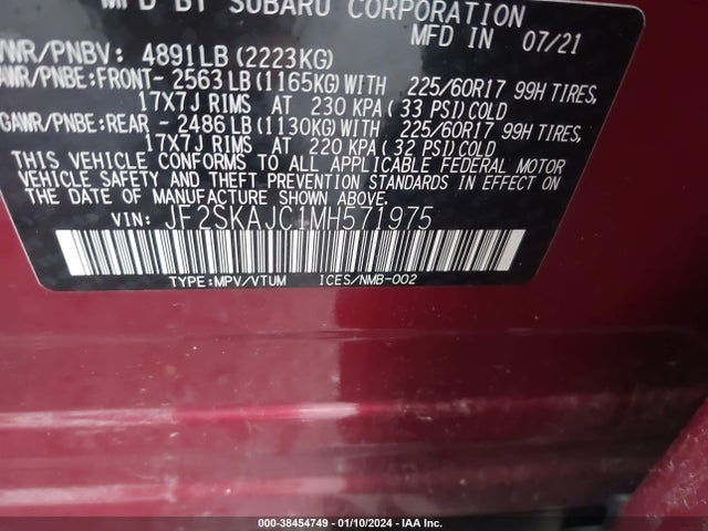 2021 SUBARU FORESTER PREMIUM VIN: JF2SKAJC1MH571975