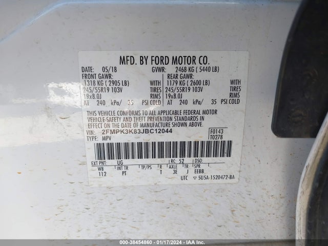 2018 FORD EDGE TITANIUM VIN: 2FMPK3K83JBC12044