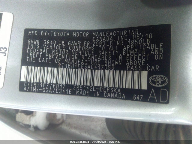 2010 TOYOTA COROLLA S VIN: 2T1BU4EE5AC417050