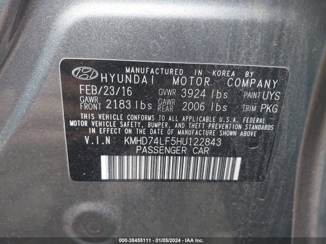 2017 HYUNDAI ELANTRA SE VIN: KMHD74LF5HU122843